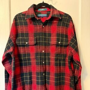 Red & black wool blend plaid shirt